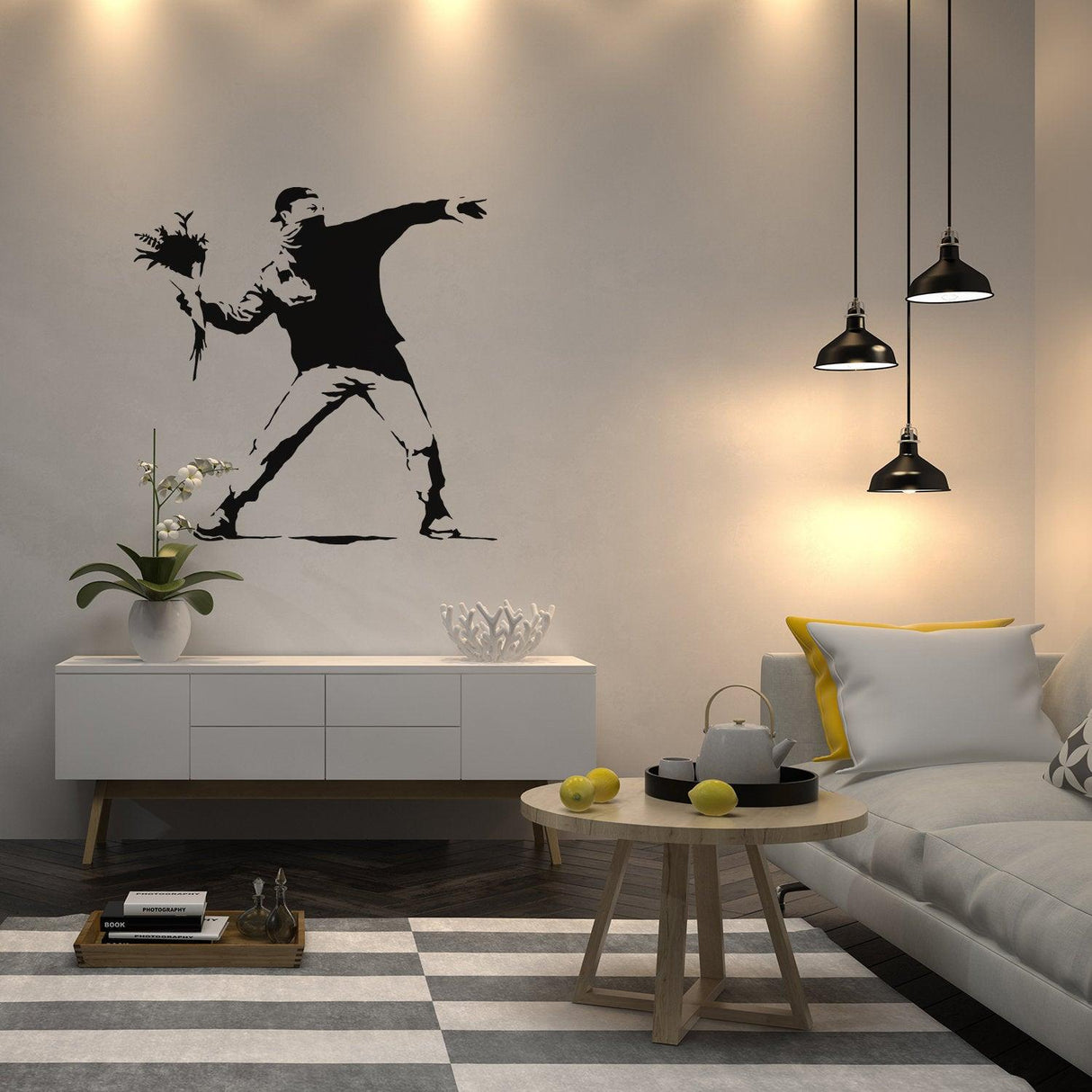 Banksy Flower Throw Me wall sticker in a modern living room, depicting a girl throwing flowers.