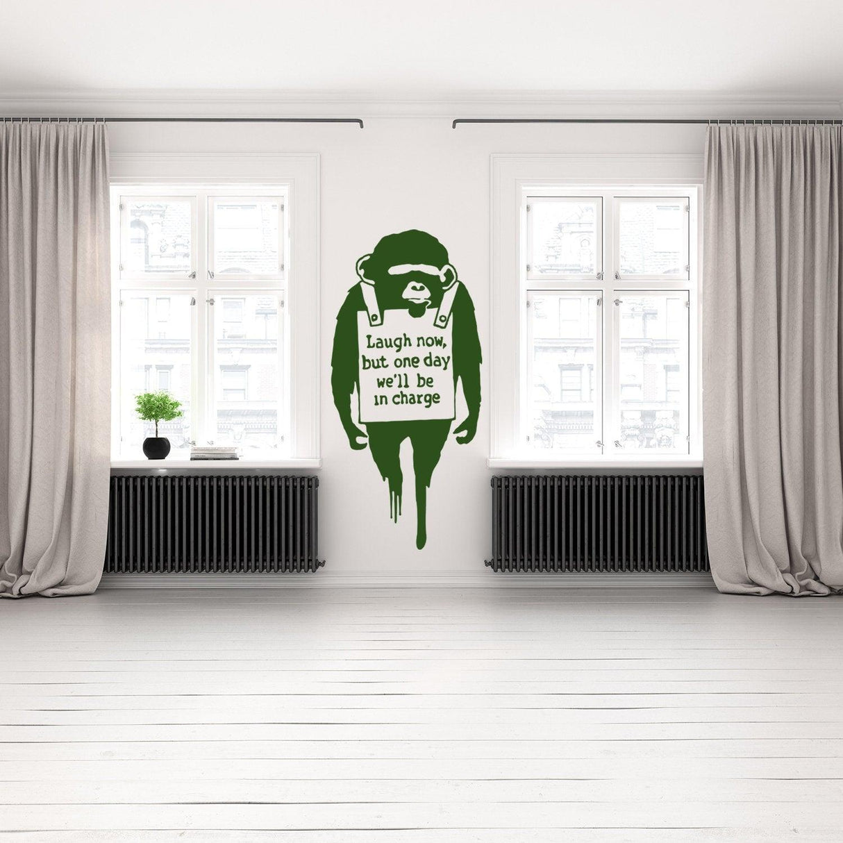 Banksy Monkey wall sticker with message 'Laugh now, but one day we'll be in charge', stylish home decor.