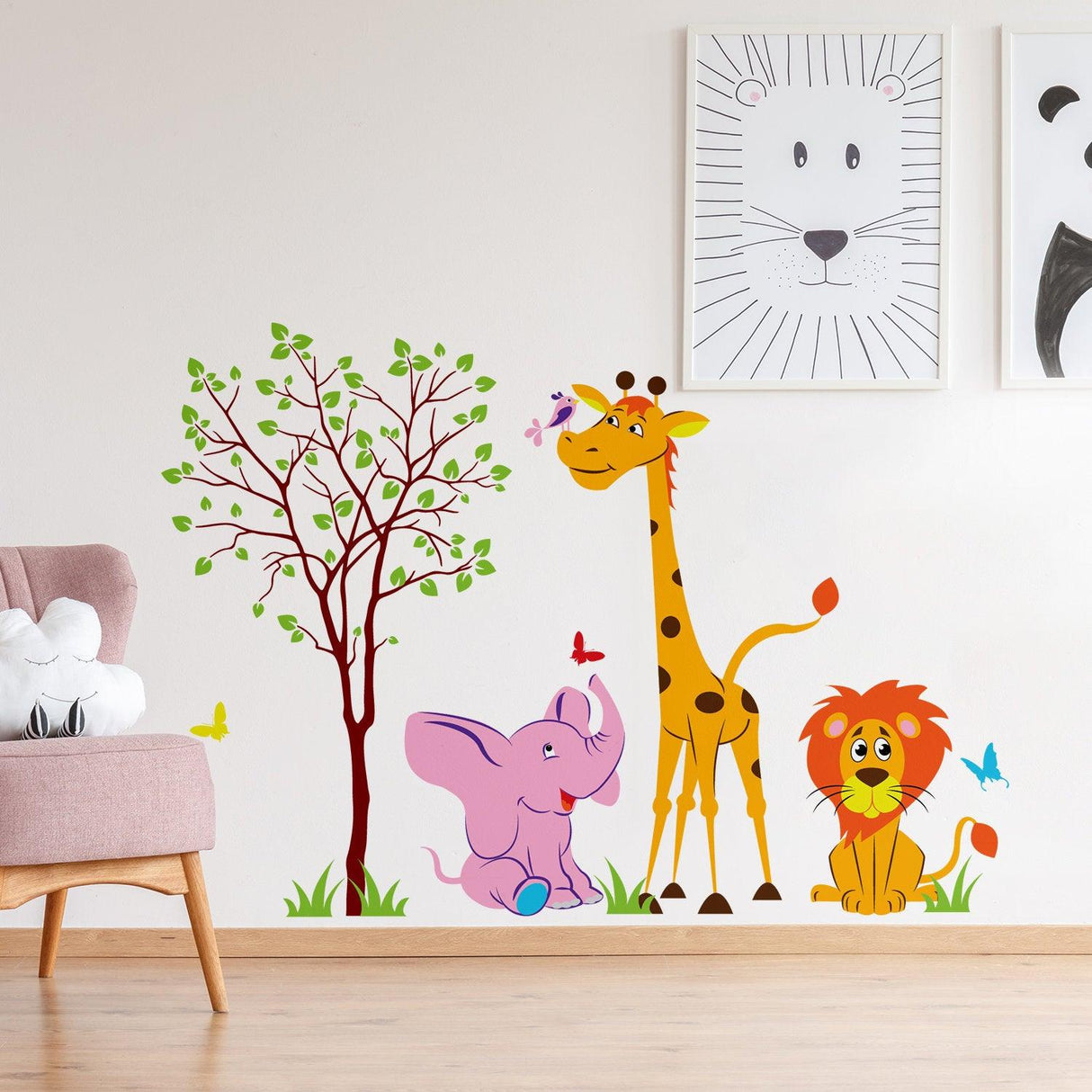 Nursery animal wall decor featuring giraffe, elephant, lion, tree, and butterflies in a playful design.