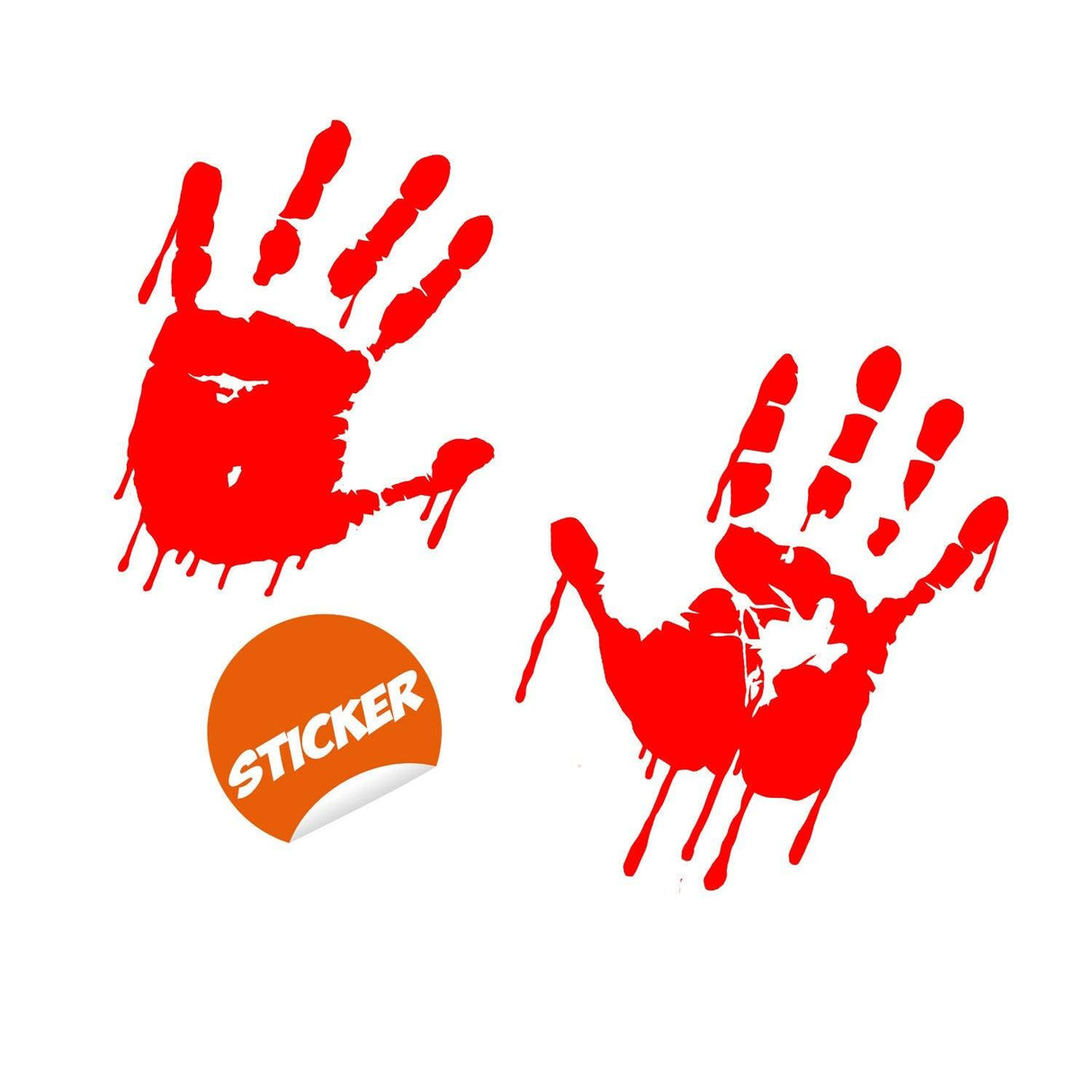 Bloody hands red vinyl sticker design perfect for Halloween decor on cars, laptops, and windows.