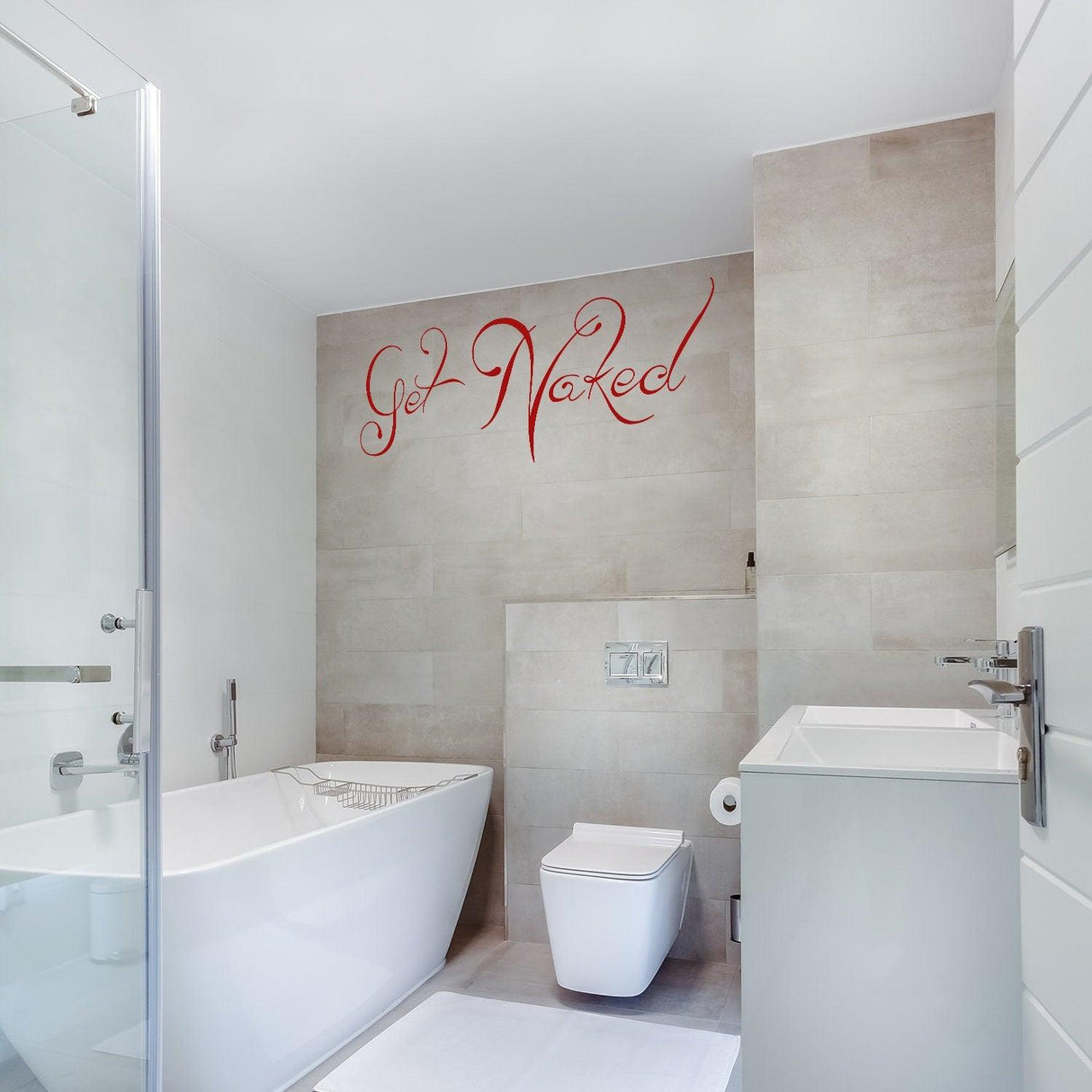 Get Naked wall sticker in modern bathroom design, adding humor and style to the space.