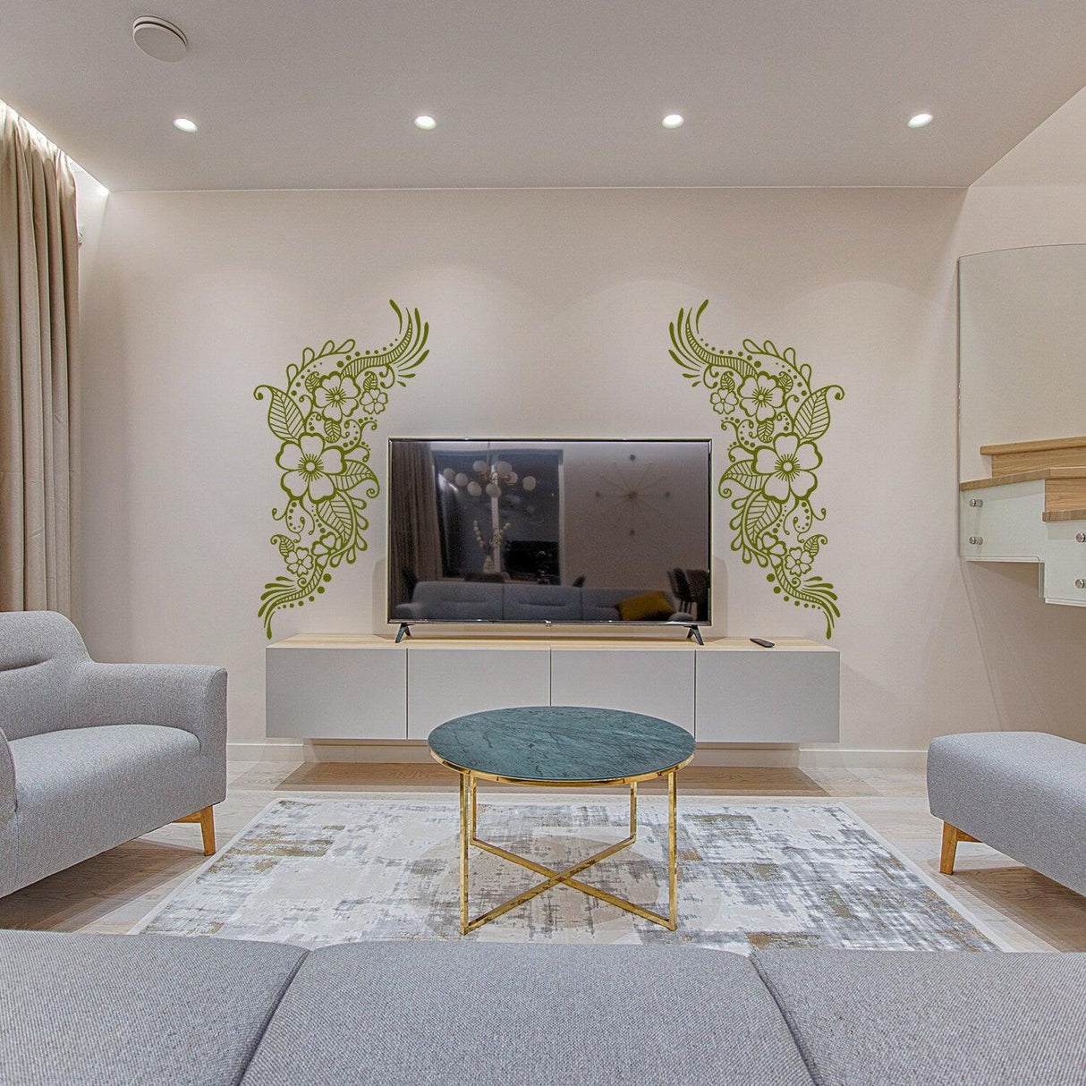 Henna Tattoo Wall Vinyl Sticker featuring floral mandala design around TV in modern living room decor.