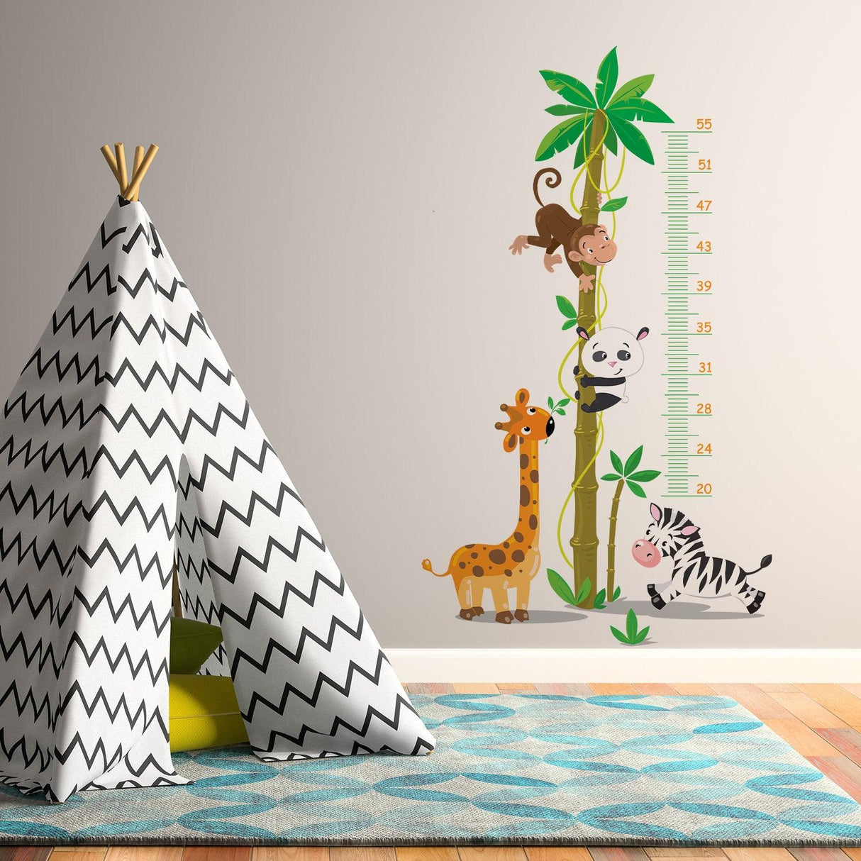 Colorful height growth chart wall sticker featuring animals, perfect for nursery decor.