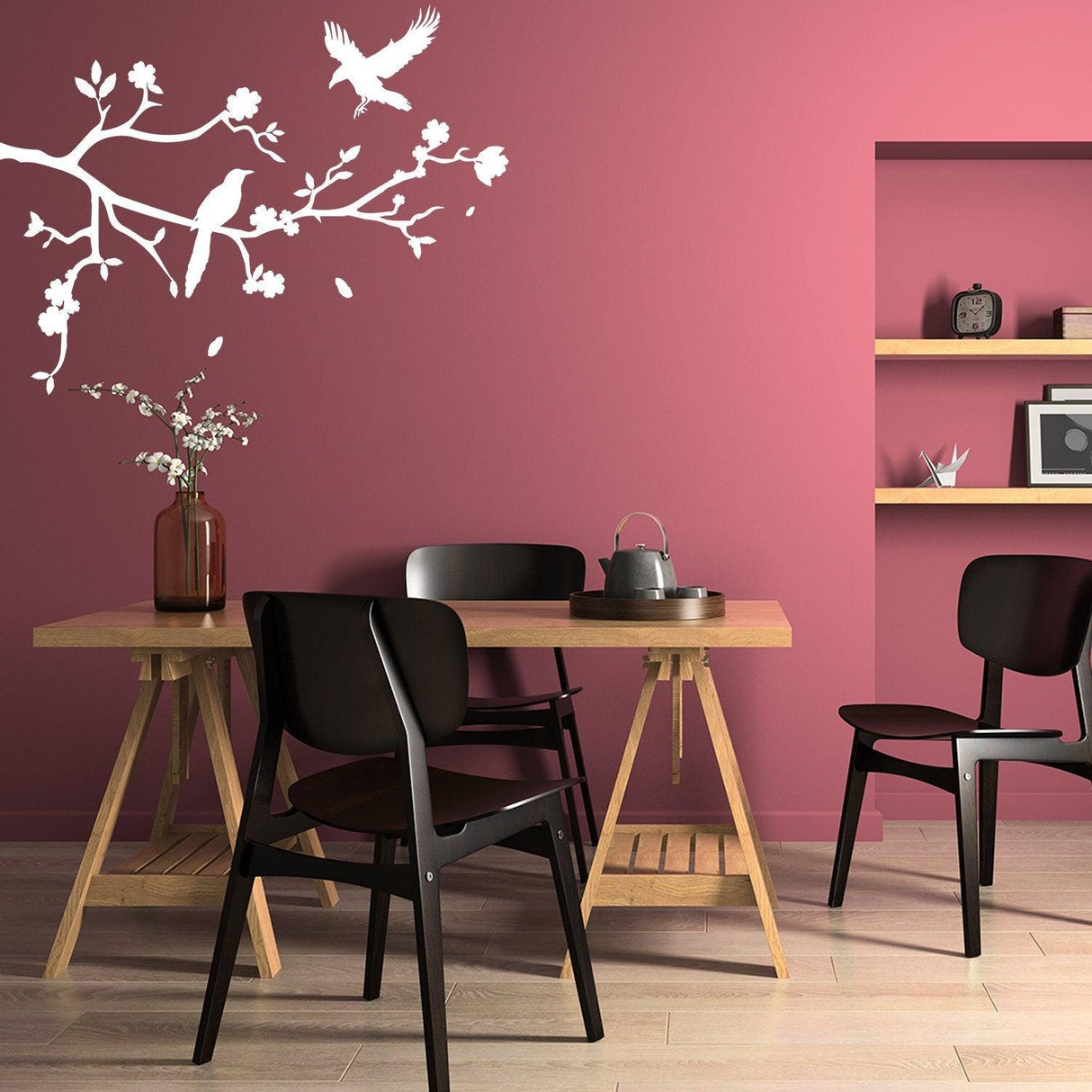 Branch wall tree sticker decal featuring birds and flowers in a stylish dining room with pink walls.