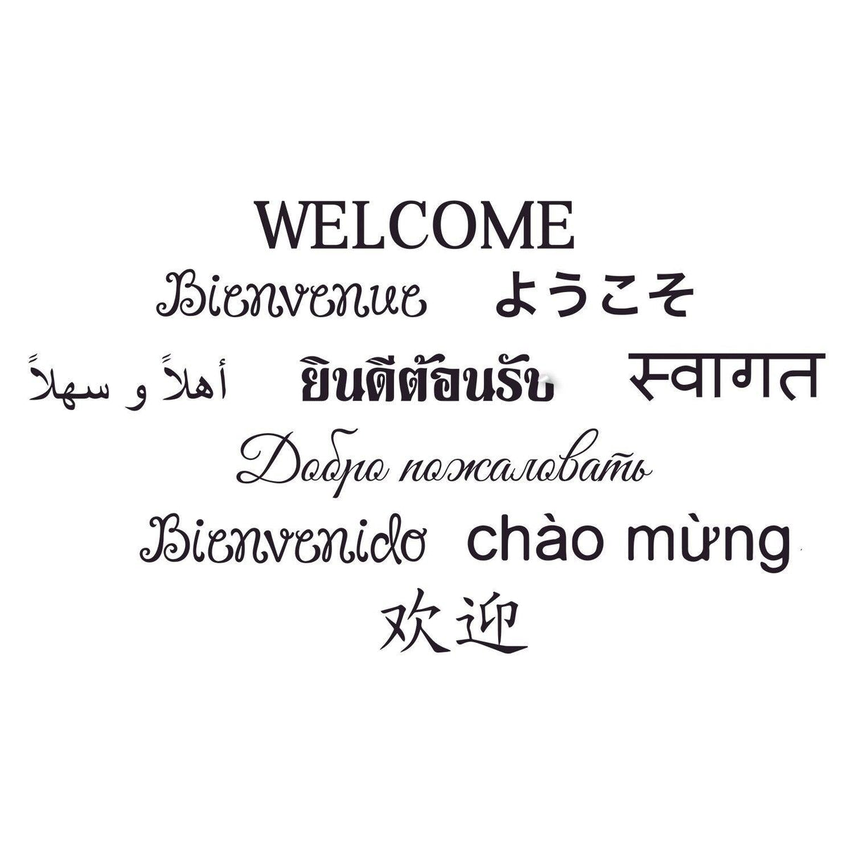 Multilingual welcome sign sticker with various greetings in cursive fonts for home decor.