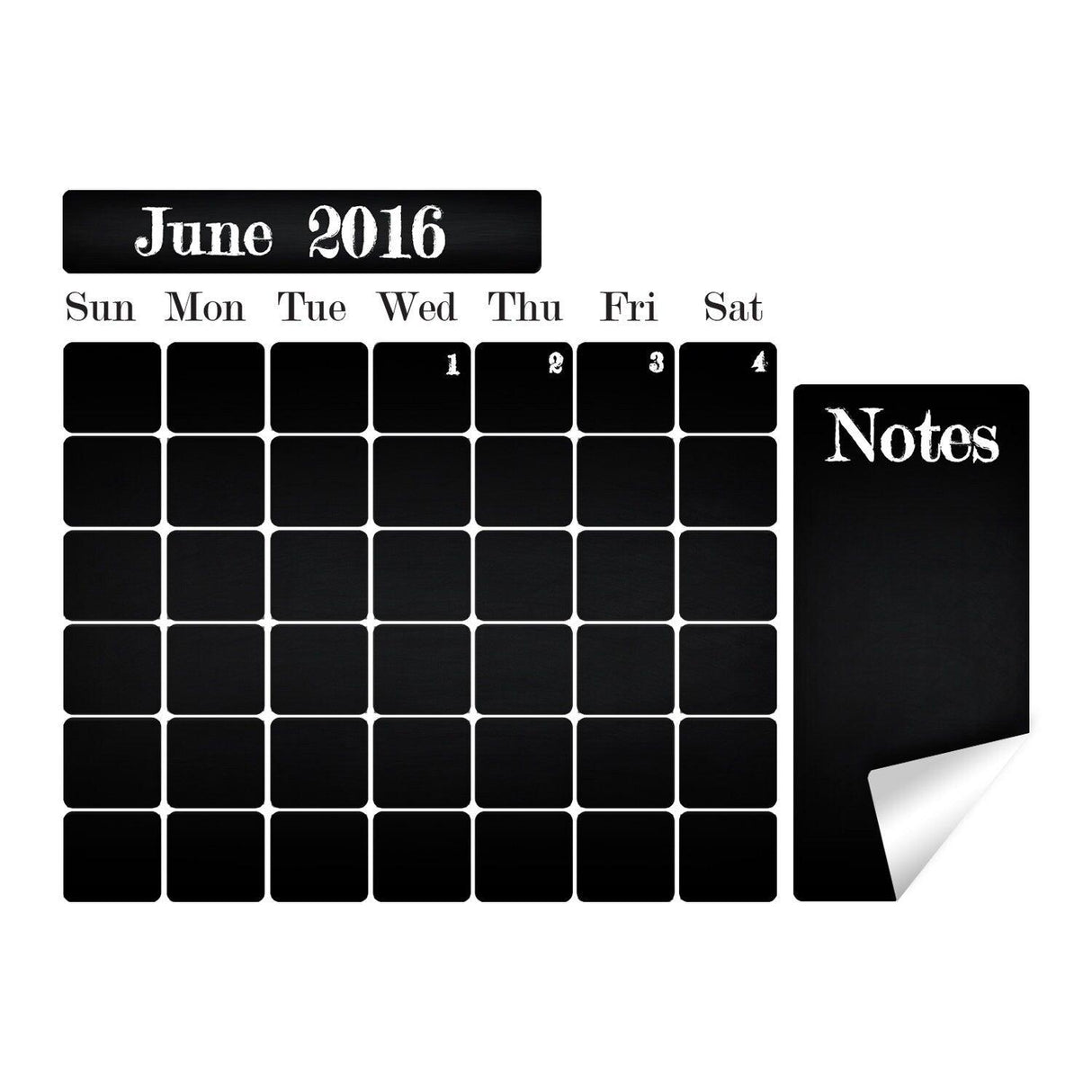 Chalkboard vinyl sticker calendar for June 2016 with space for notes and daily tasks; perfect for organizing your office.