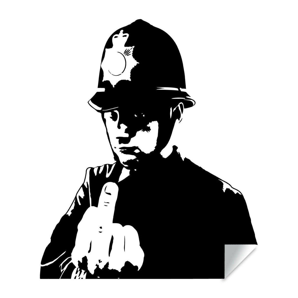 Banksy Middle Finger Art Wall Decal featuring a policeman giving the middle finger in black and white.
