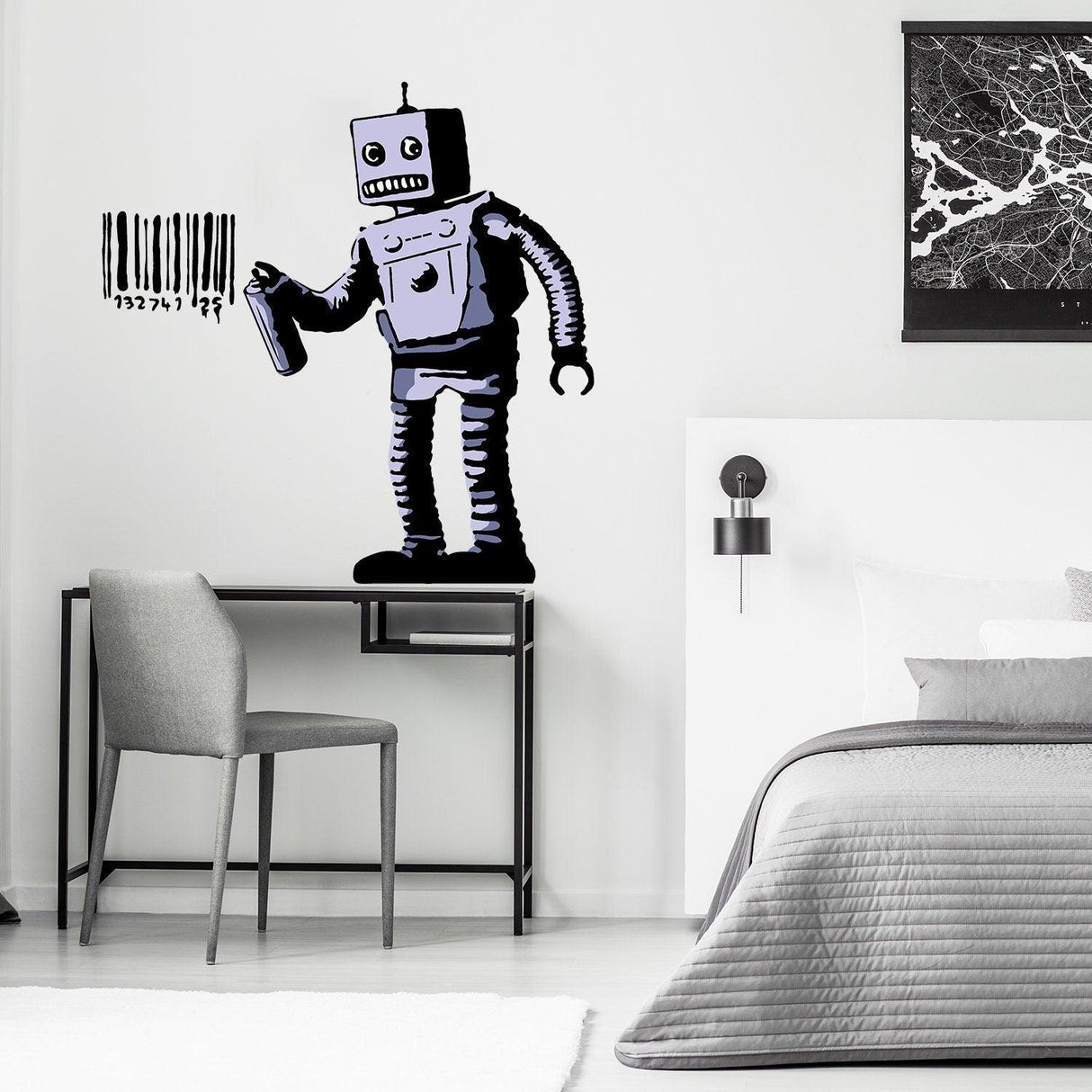 Banksy Barcode Robot Wall Vinyl Sticker in modern bedroom setting, showcasing urban street art style.