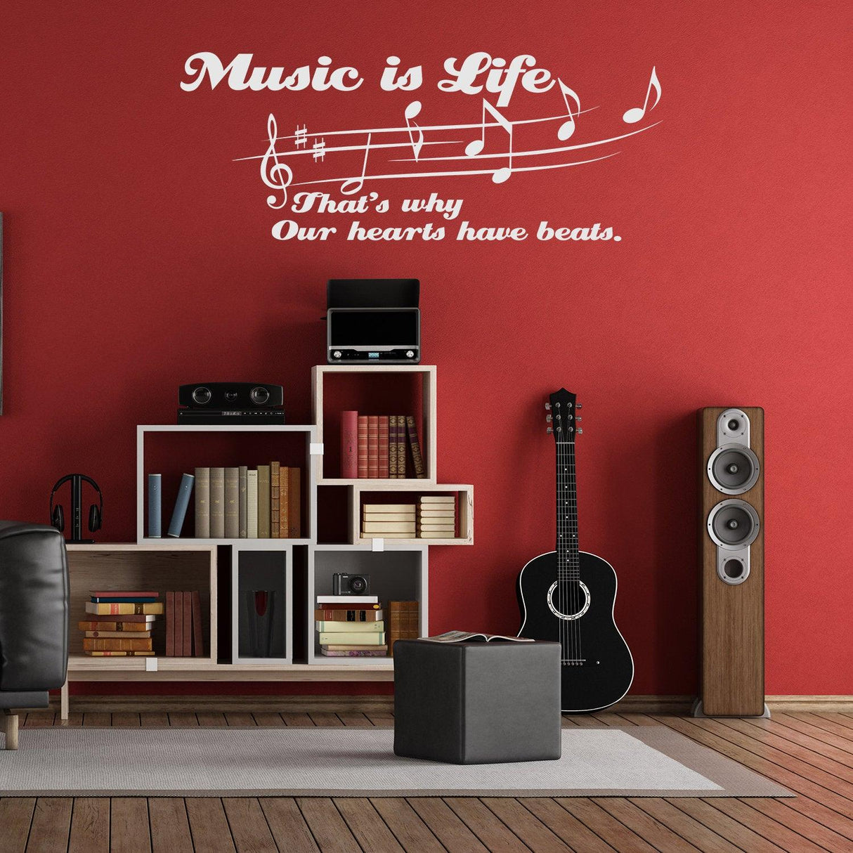 Decorative wall sticker with 'Music is Life' quote and musical notes in a stylish music-themed room.