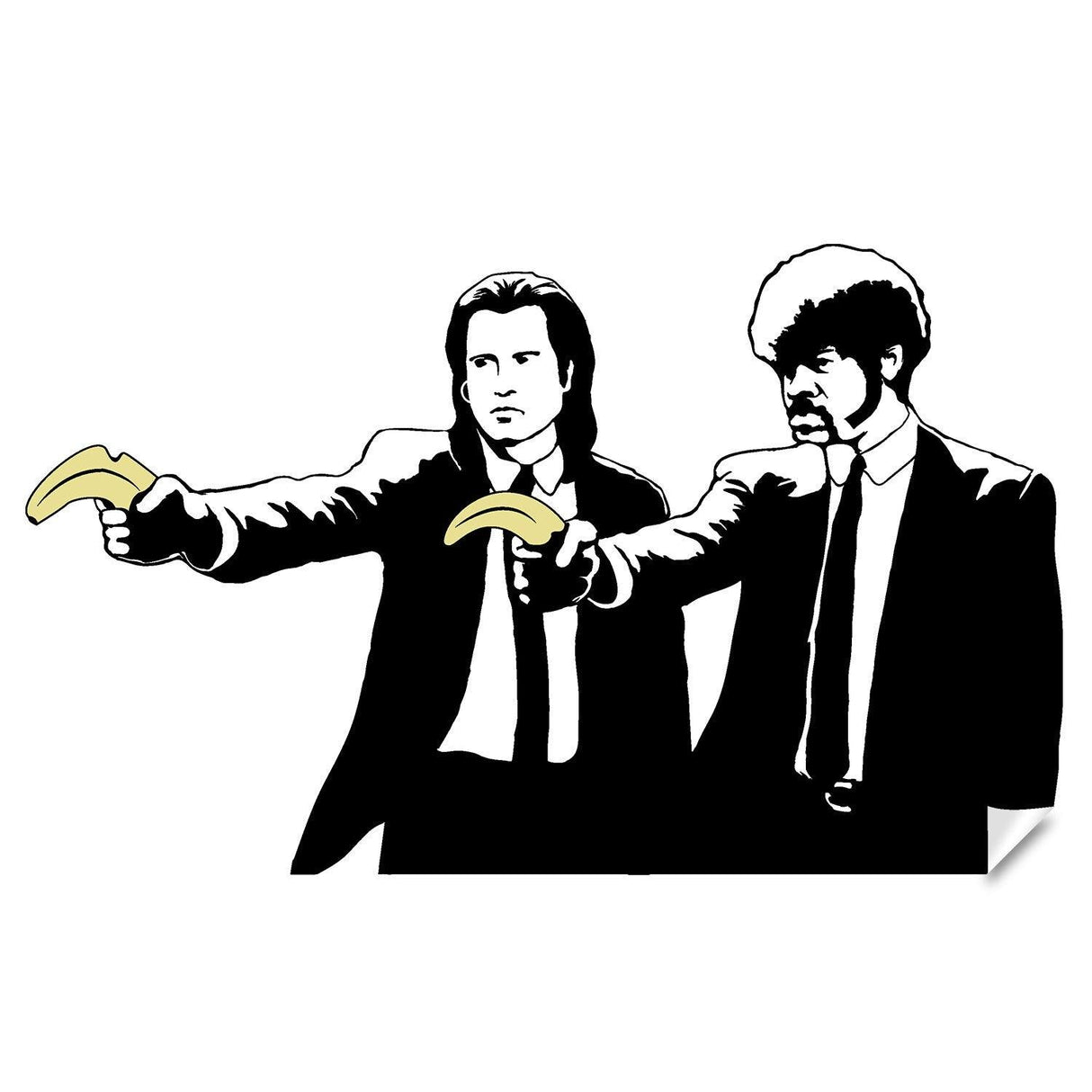 Banksy Pulp Fiction sticker featuring characters holding bananas in a bold design, perfect for wall art.