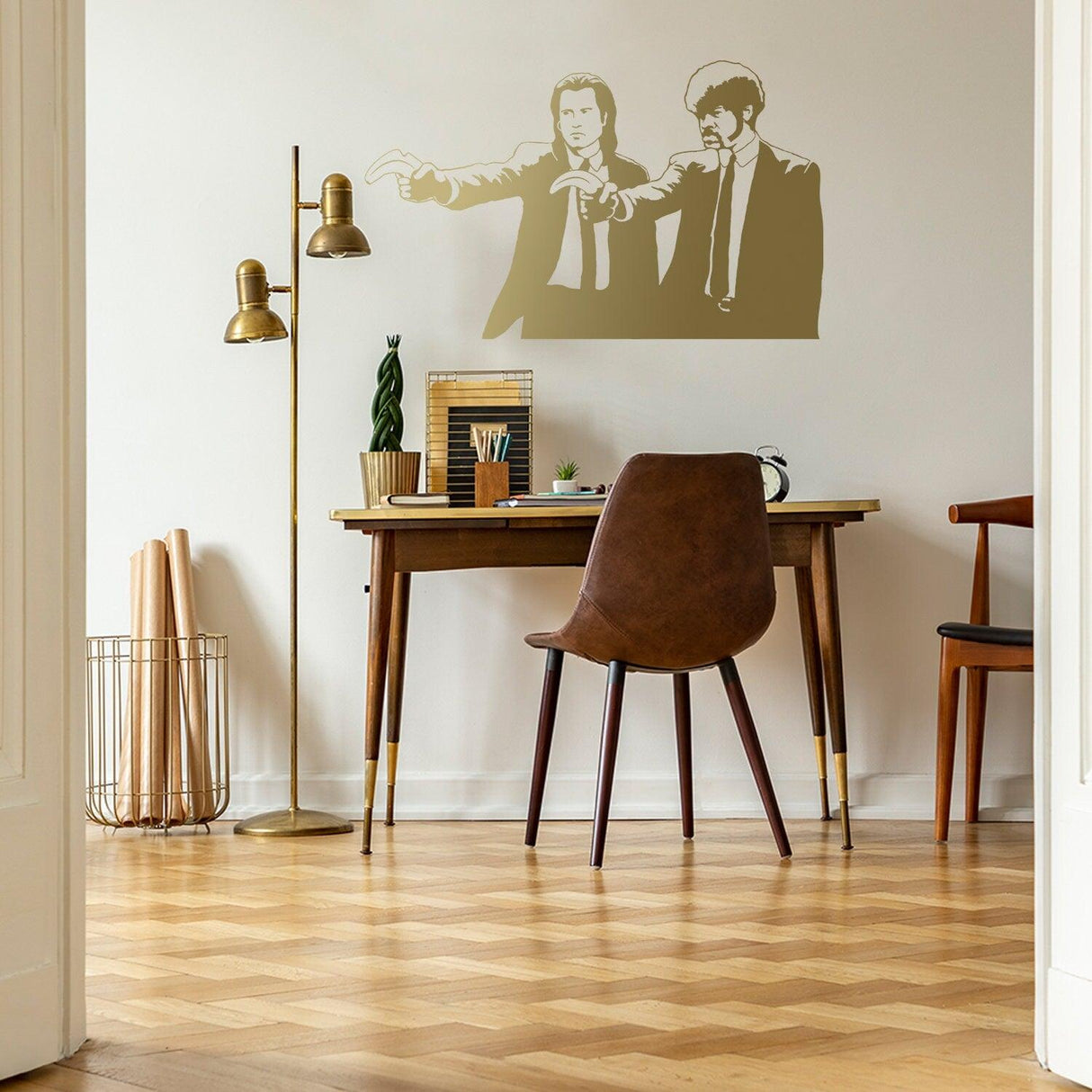 Banksy Pulp Fiction wall art sticker featuring iconic characters, perfect for adding edgy style to any room.