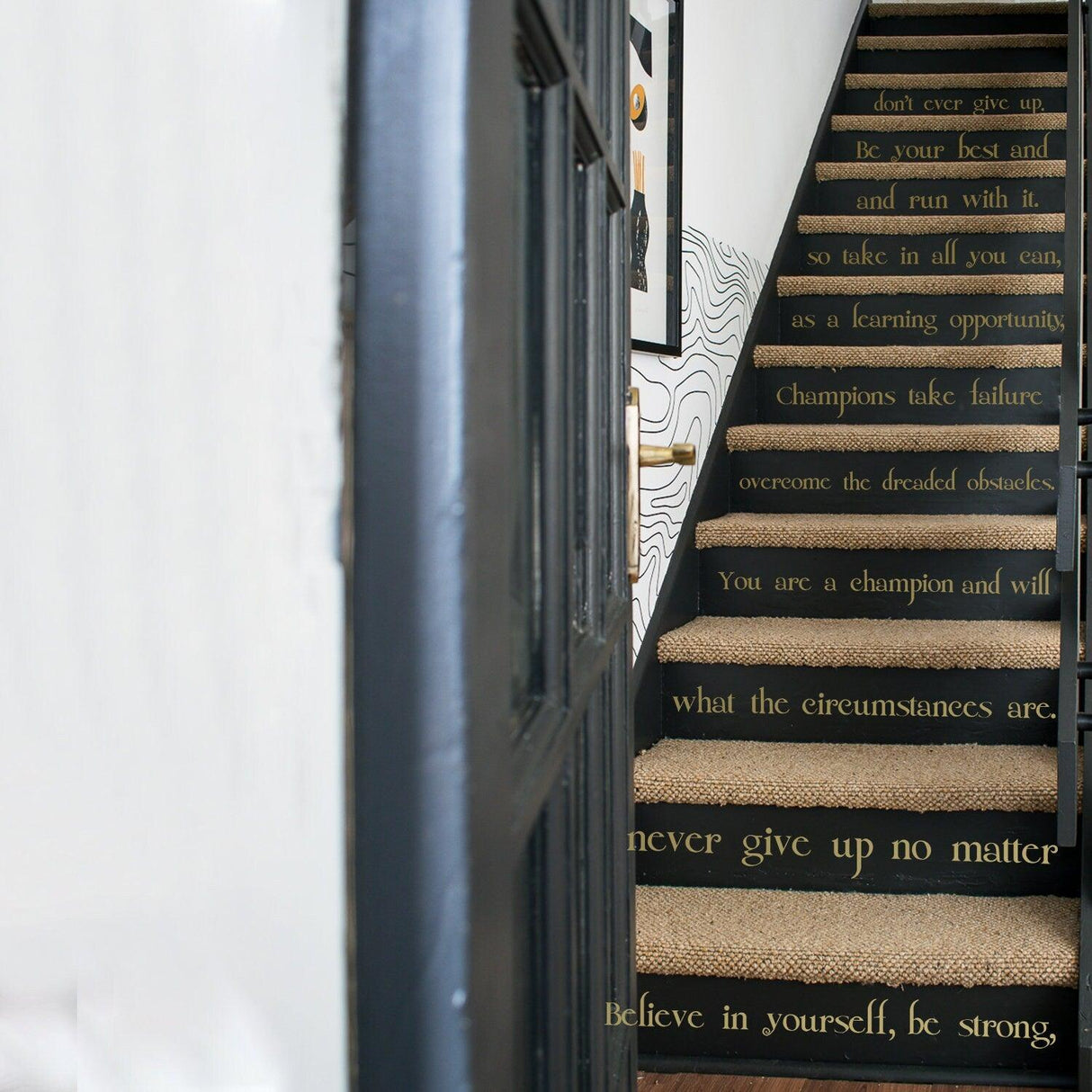 Stair vinyl sticker featuring motivational quotes for home decor, enhancing self-belief and positivity.