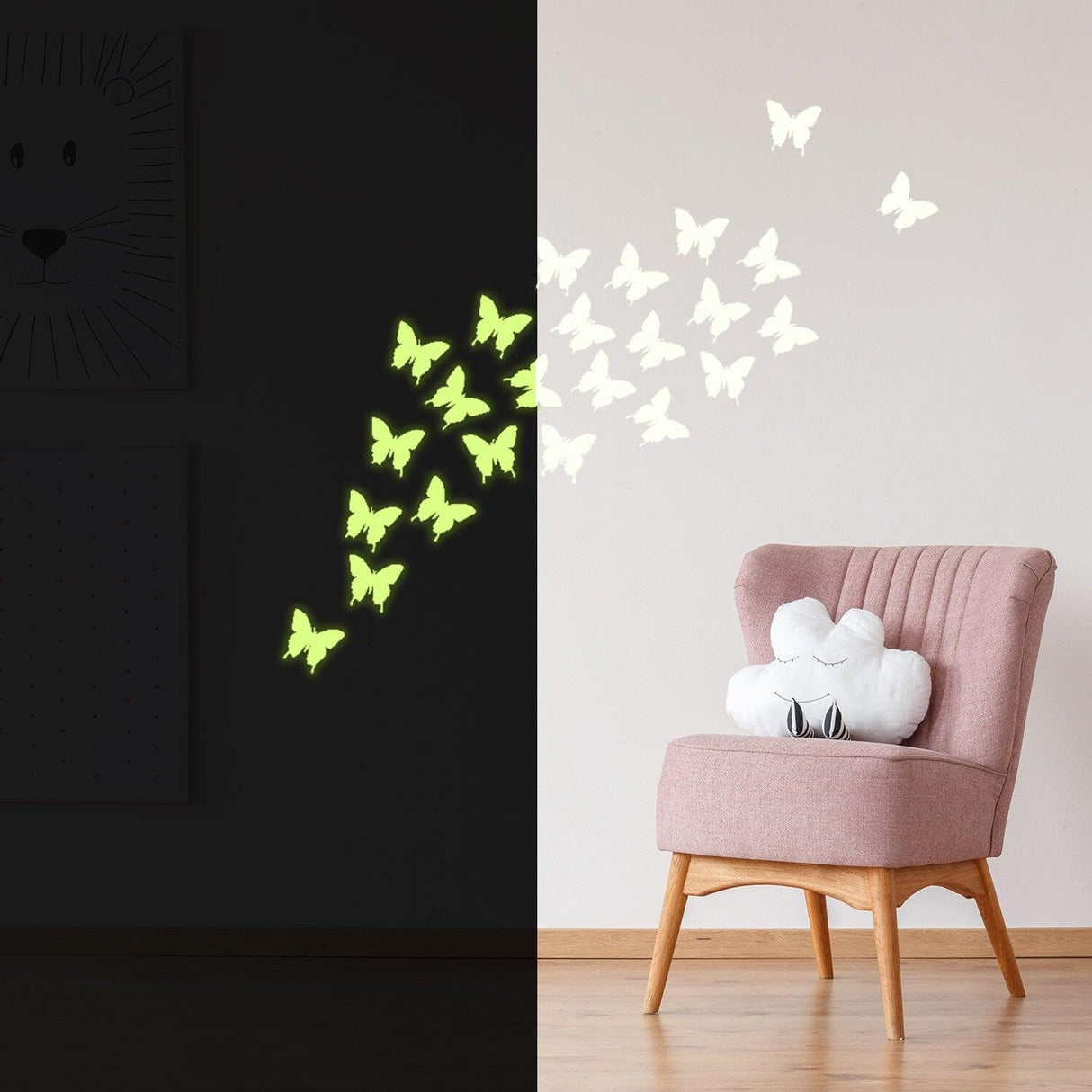 Glow-in-the-dark butterfly decals on a wall, adding whimsical charm to a cozy room with a pink chair.