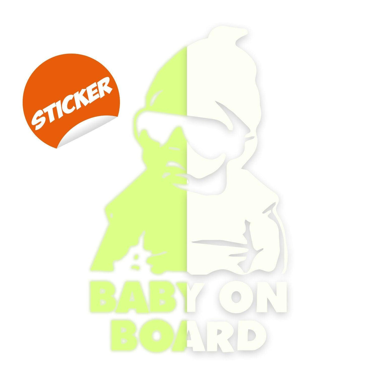 Glow in dark baby on board car vinyl sticker design for child safety and humor.
