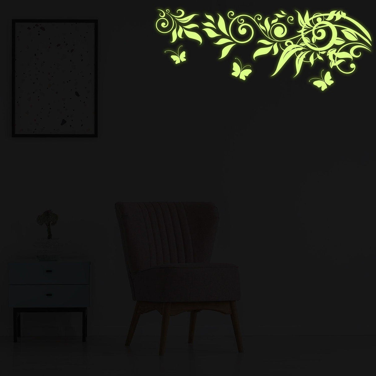 Glow At Night Decal featuring glowing branches and butterflies for enchanting home decor.