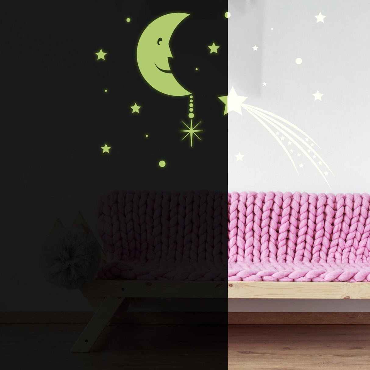 Glowing moon and stars wall sticker illuminating a cozy room with pink couch, perfect for dreamy decor.
