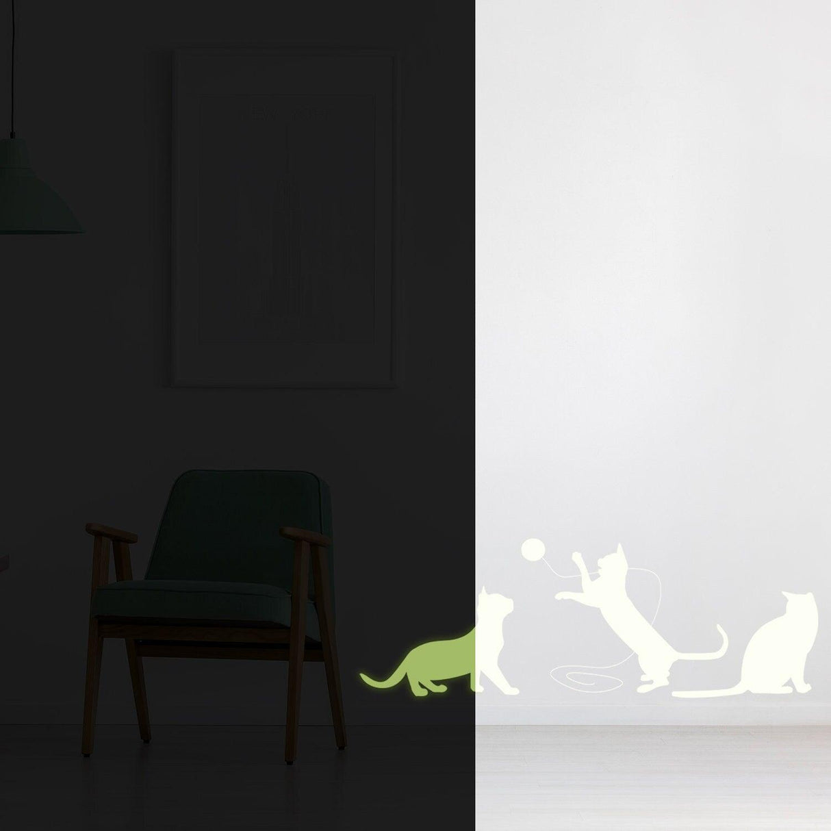 Glow in dark big cat wall sticker featuring playful kitty silhouettes beside a green chair.