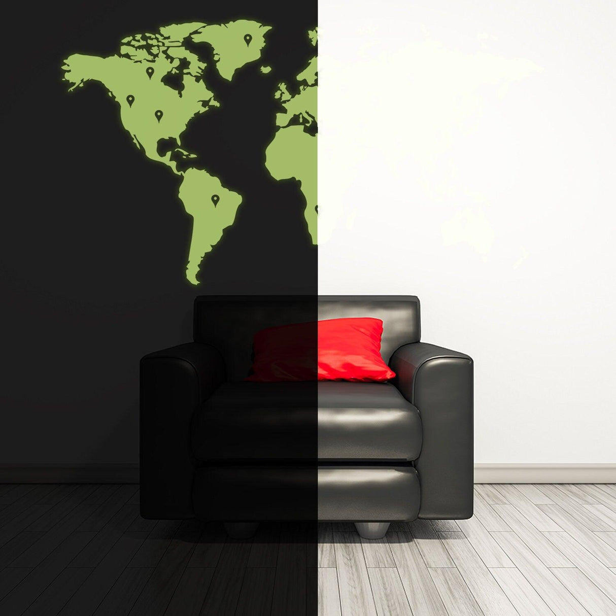 Glow in dark world map vinyl sticker on wall behind a black chair with a red pillow, showcasing night glowing decor.