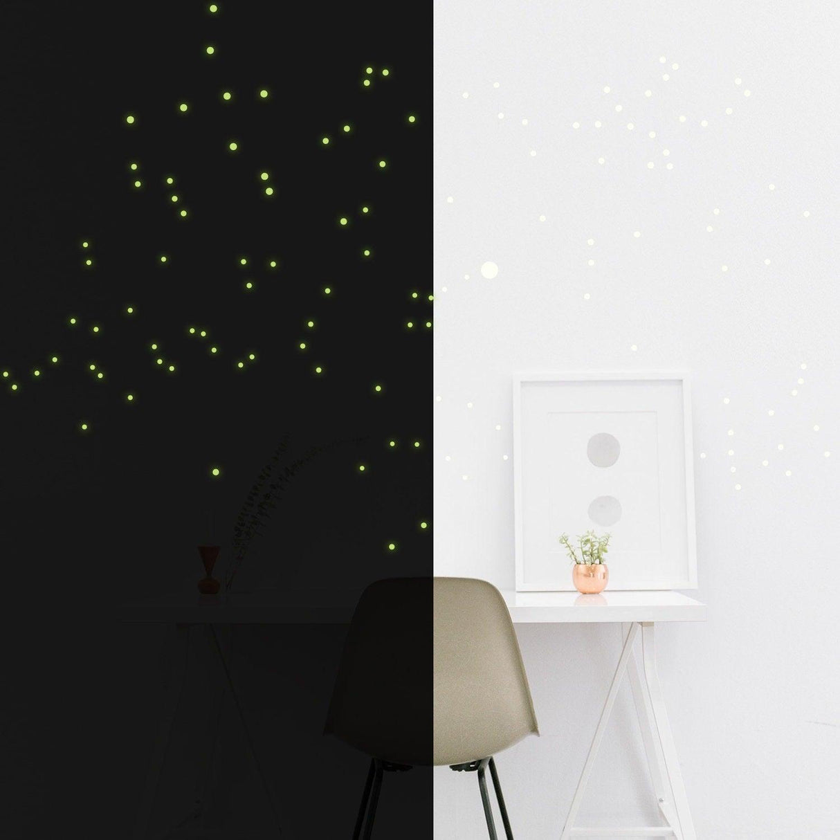 Night glowing star wall stickers in dark and light environments, adding a magical touch to home decor.