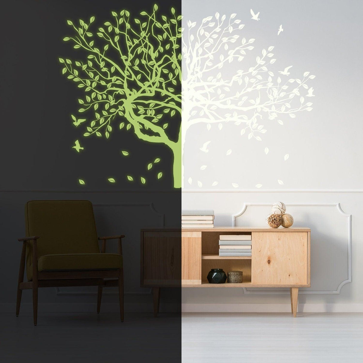 Glow in the dark tree wall sticker illuminating in a dark room, showcasing its luminescent design for kids' decor.