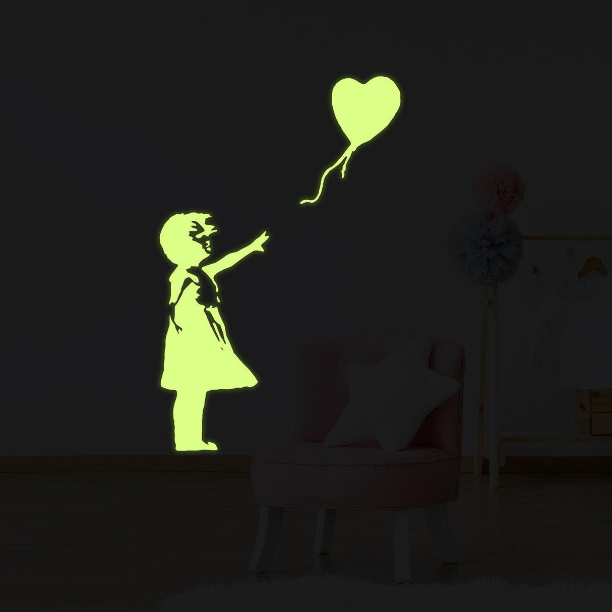 Glow in the dark vinyl sticker art of a girl with a heart balloon, perfect for kid's room decoration.