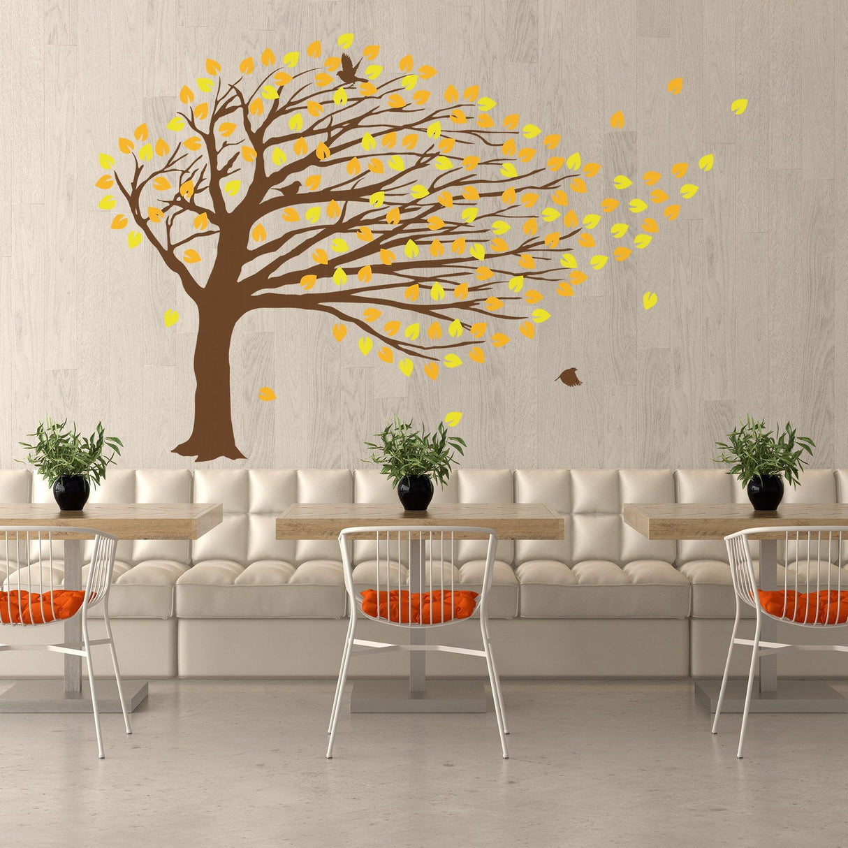 Large tree wall decal with swirling branches and colorful leaves, ideal for adding charm to any nursery or child’s room.
