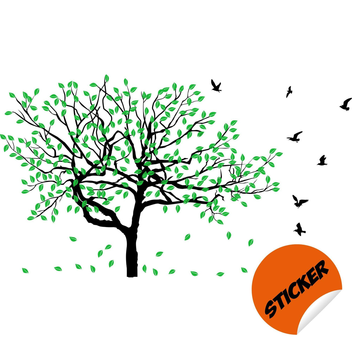 Tree sticker decal featuring detailed branches and green leaves, with birds flying nearby, perfect for home decor.