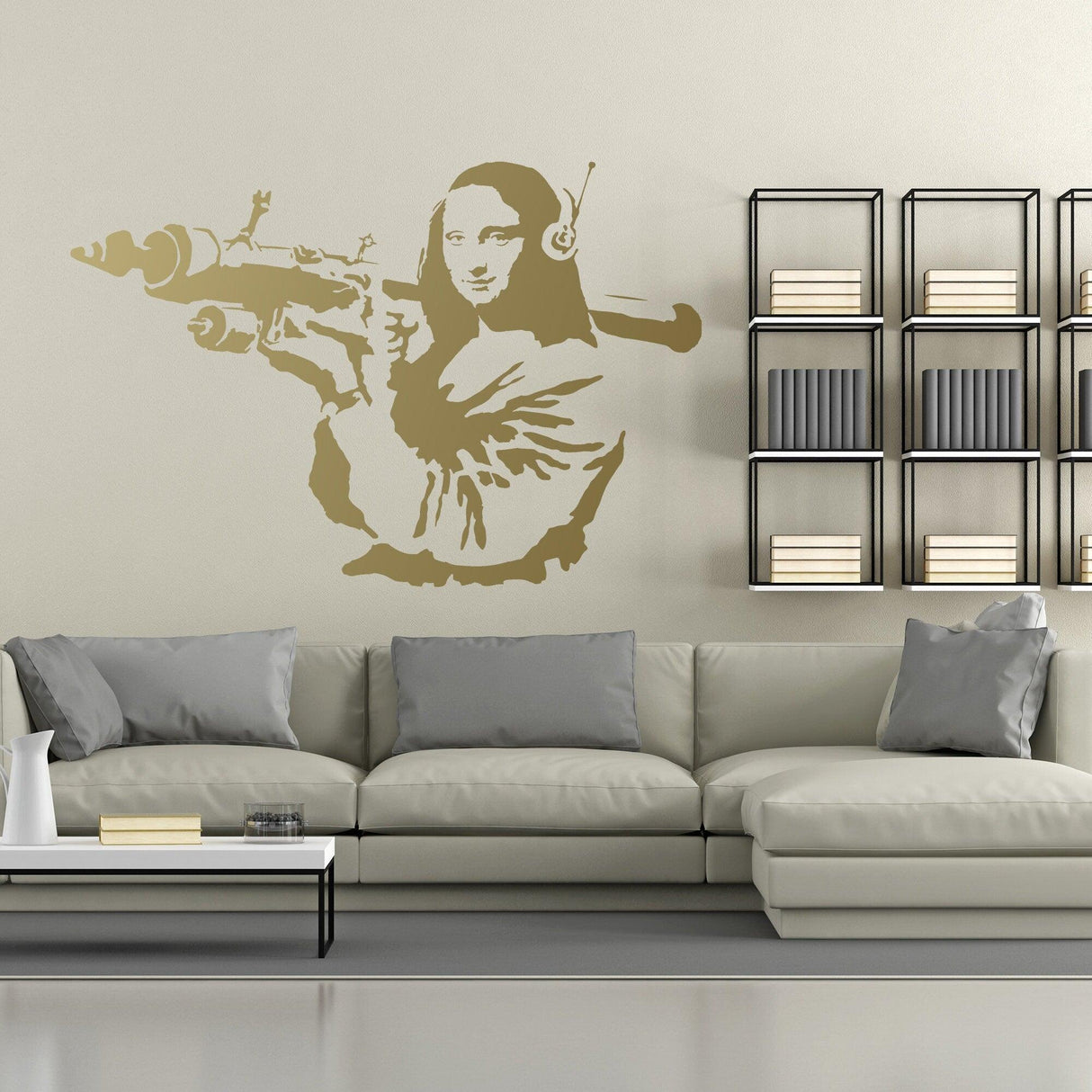 Banksy Mona Lisa wall sticker featuring modern art on living room wall with stylish sofa and bookshelf.
