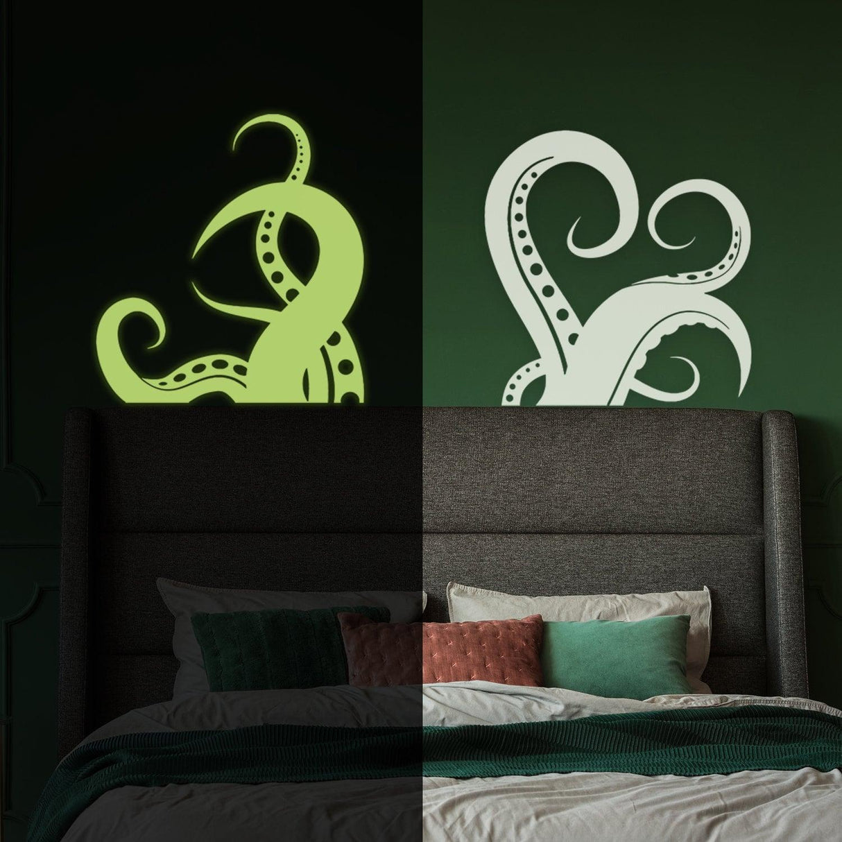 Glow in dark octopus tentacle wall art sticker on a green wall above a bed, showcasing glowing and non-glowing designs.