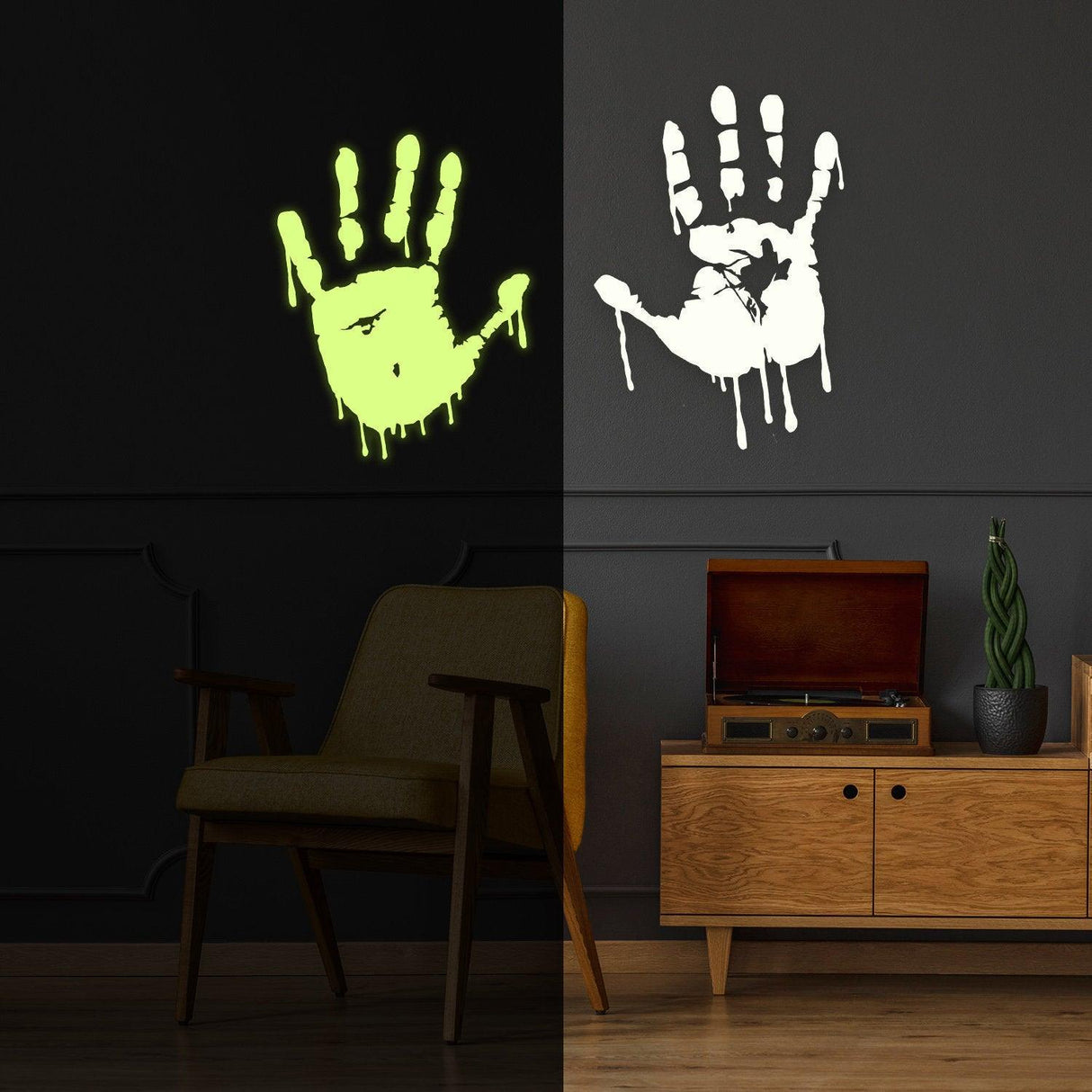 Glow in the dark bloody hands vinyl sticker on a wall, providing a spooky decor vibe for home or car.