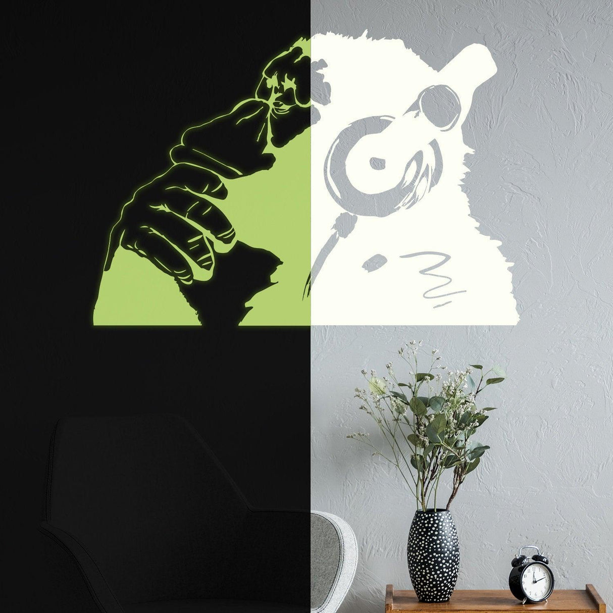 Banksy glowing vinyl wall decal of a monkey with headphones, adding modern art style to any room.