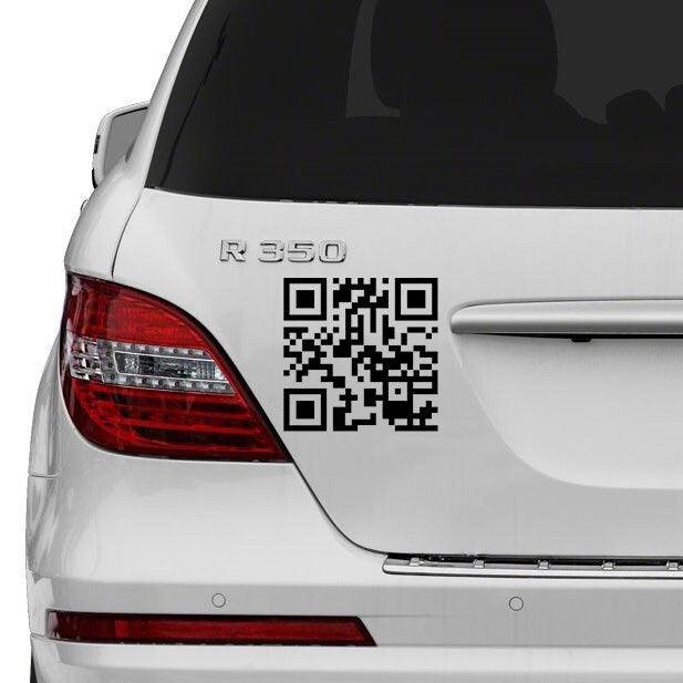 Custom QR code sticker on the back of a white car for easy business promotions.