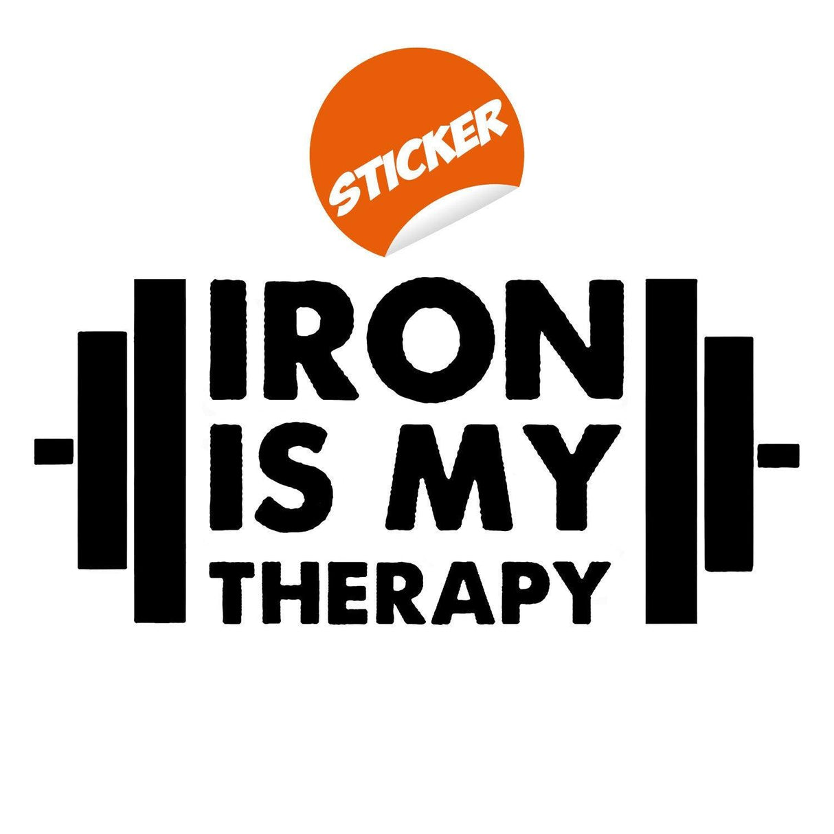 Bodybuilding wall gym vinyl sticker with the text 'Iron Is My Therapy' and weightlifting symbols.