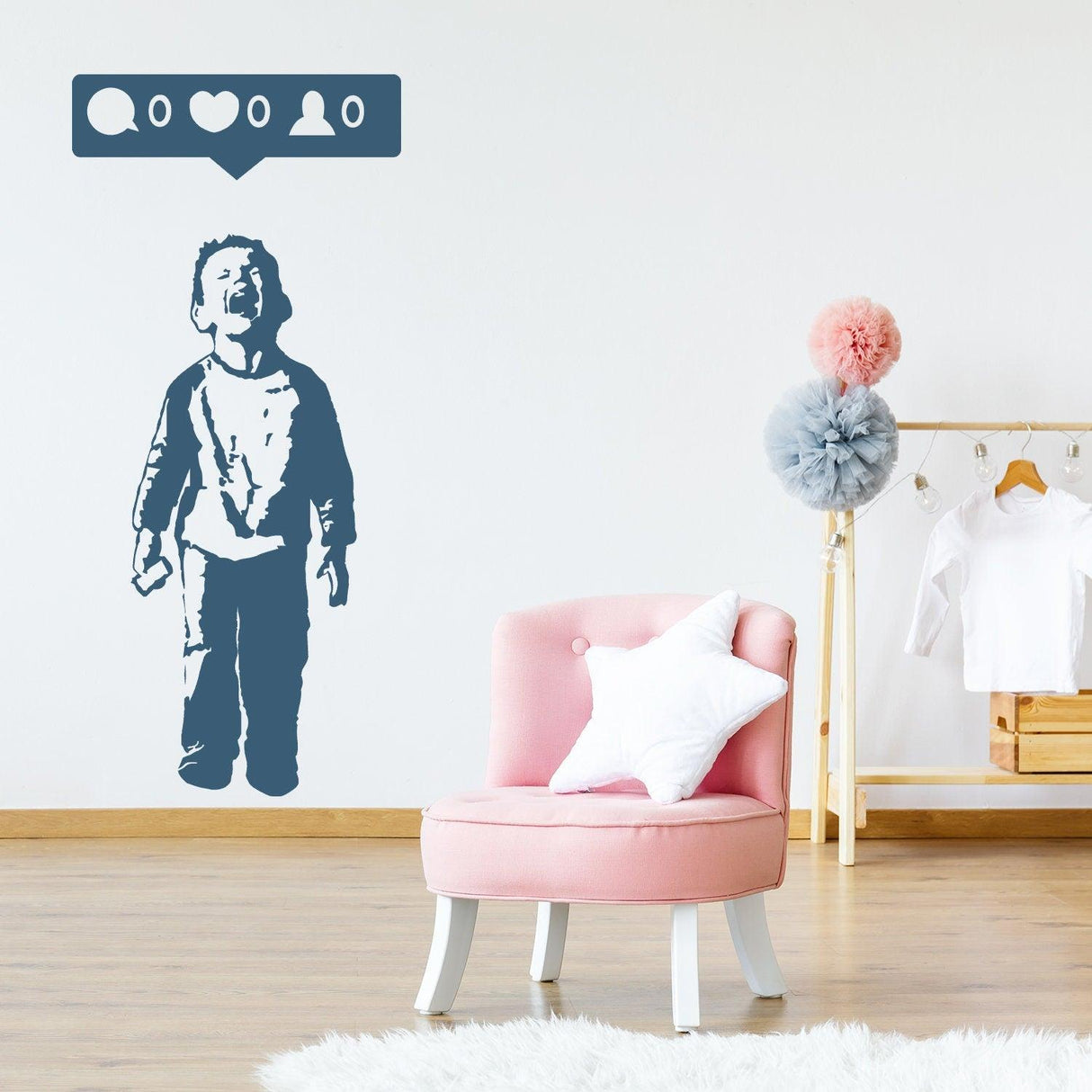 Crying boy with cellphone wall sticker by Banksy, symbolizing social media impact in stylish room decor.