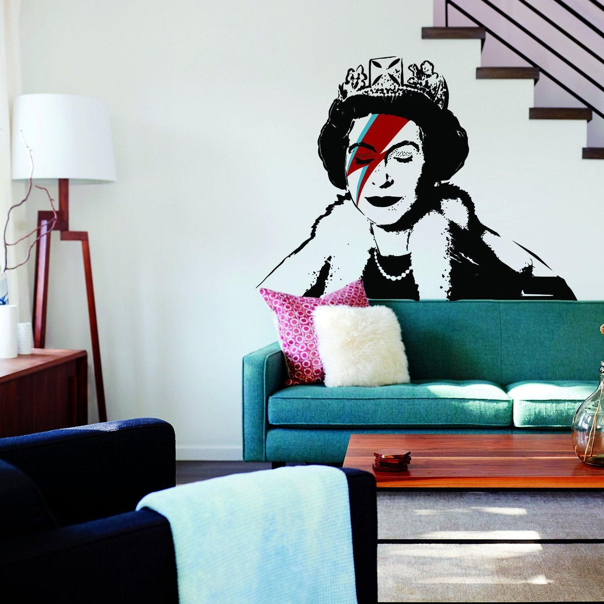 Banksy-style Queen Elizabeth wall sticker with David Bowie lightning bolt, adding art and humor to interior decor.
