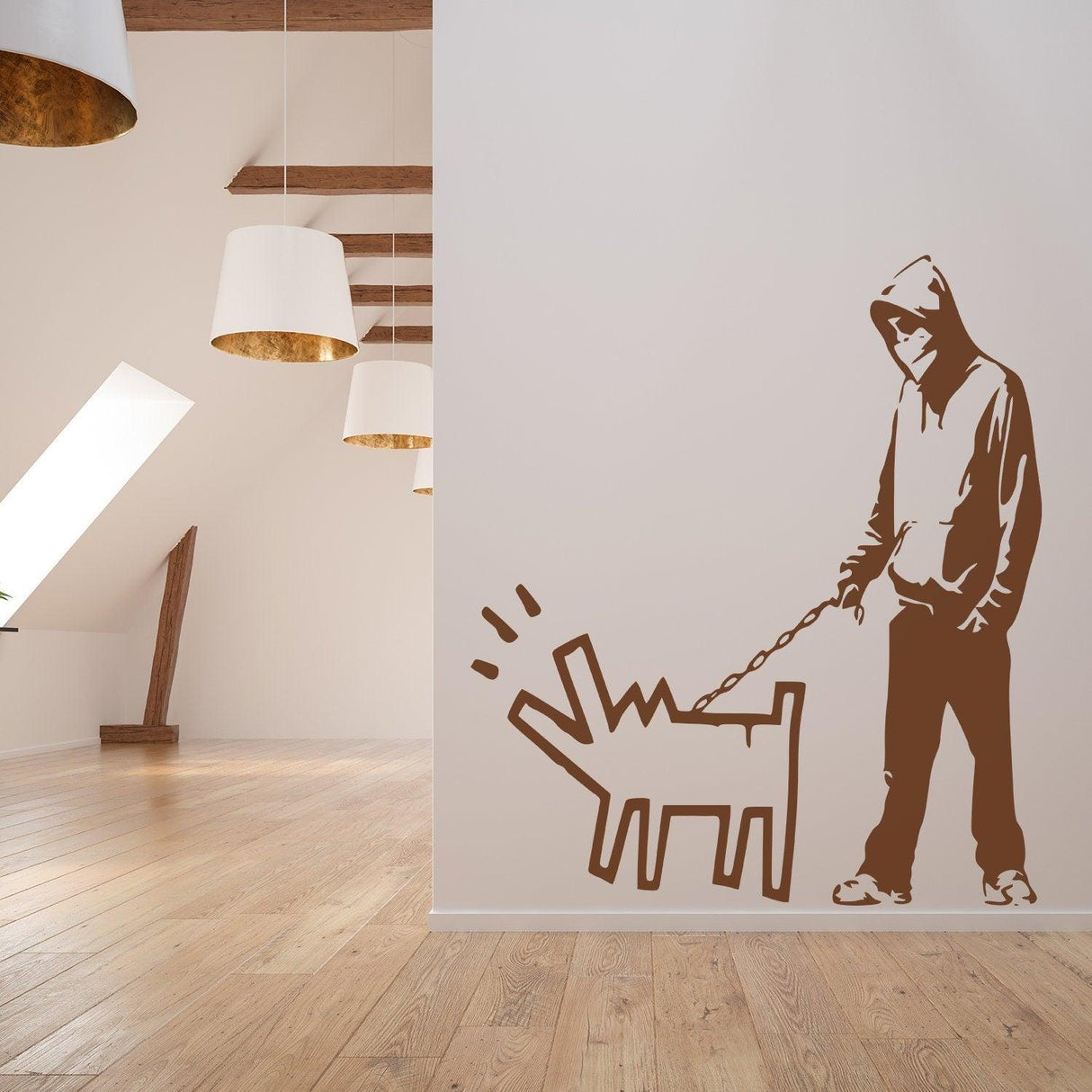 Banksy-inspired vinyl wall sticker of a person walking a dog, perfect for teens' room decor.