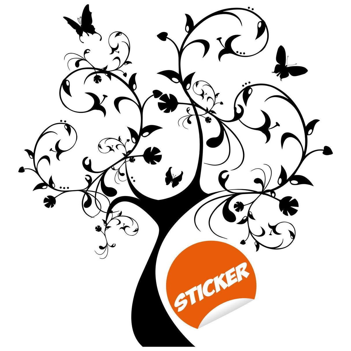 Black tree wall art sticker with swirling branches and butterflies, perfect for nursery decor.
