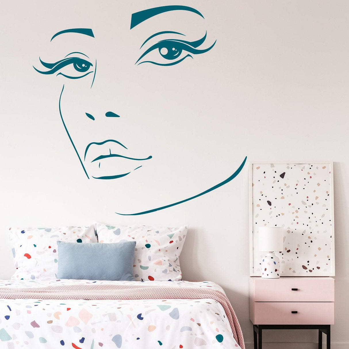 Elegant woman face wall sticker in bedroom, showcasing beauty art decor on modern wall.