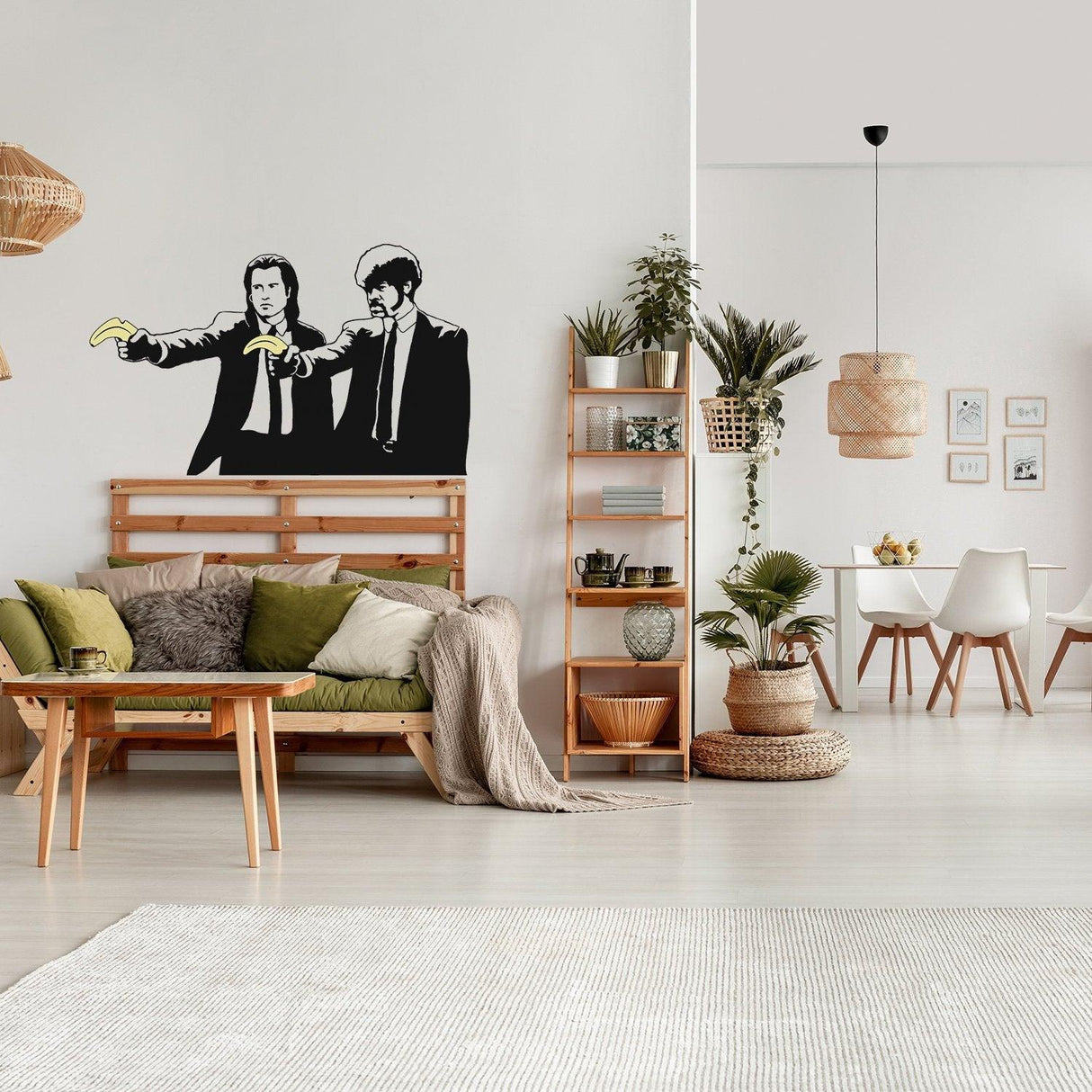 Banksy Pulp Fiction sticker featuring characters with bananas in an urban-style living room decor