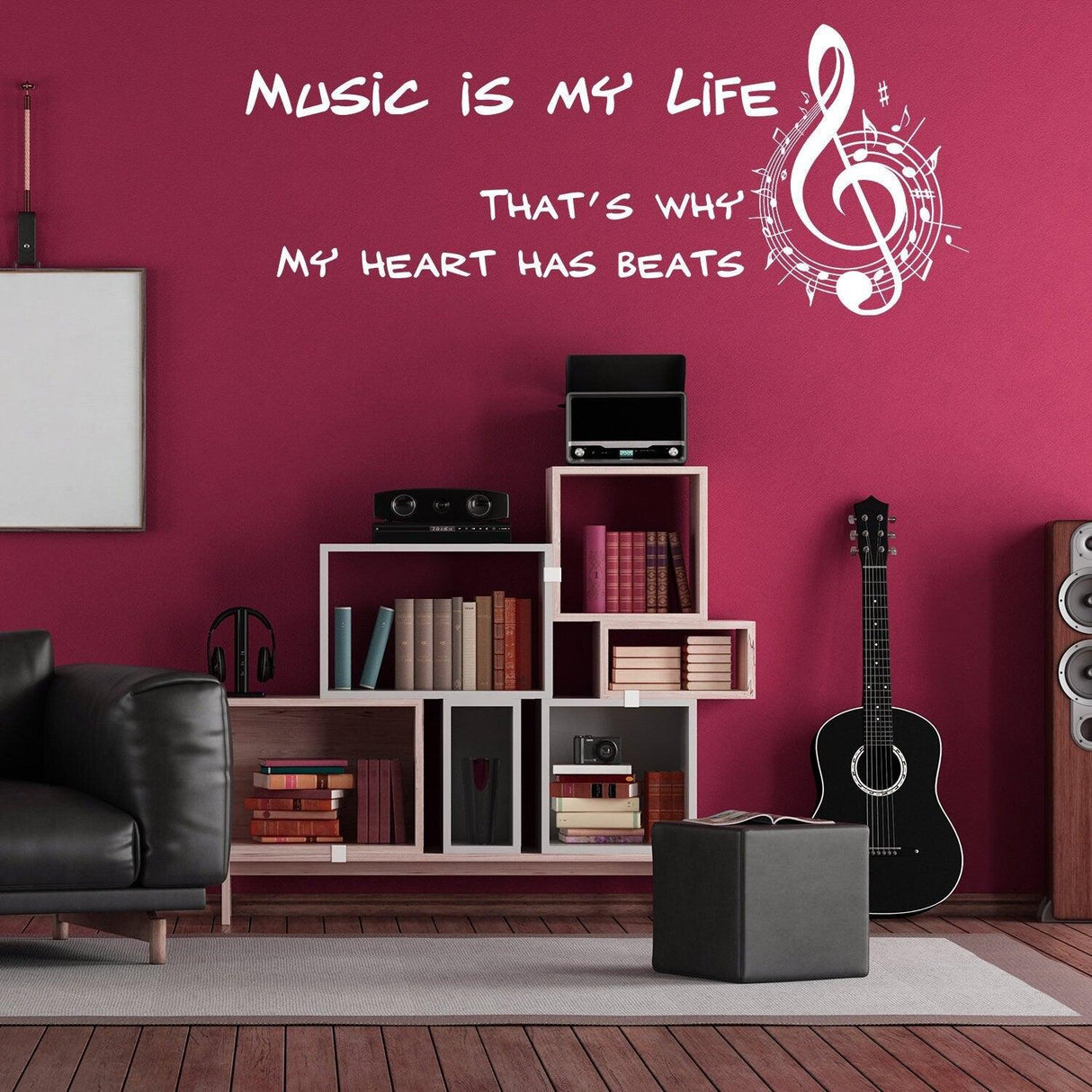 Music is My Life wall sticker with musical notes in a stylish living room setting, perfect for music lovers' decor.