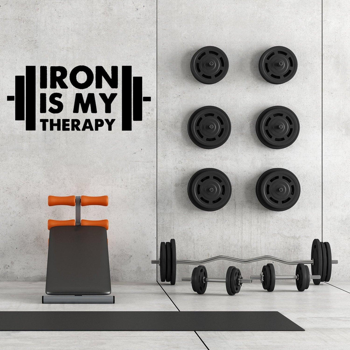 Bodybuilding Wall Gym Vinyl Sticker saying 'Iron is My Therapy' with equipment in a modern home gym.
