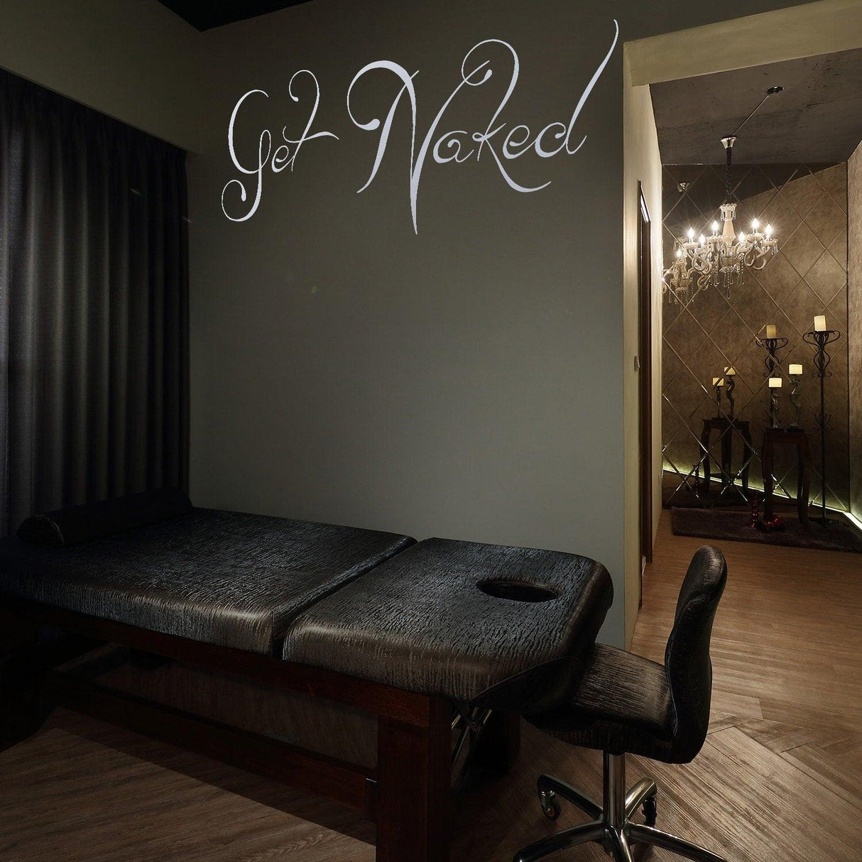 Get Naked wall sticker in modern bathroom, adding humor and style to the decor.