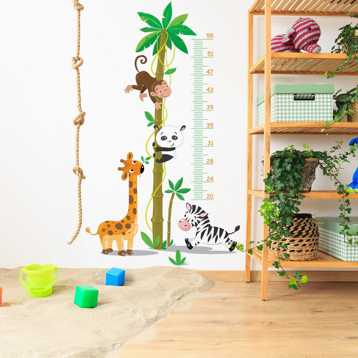 Colorful growth chart wall art sticker featuring animals like a giraffe, panda, zebra, and monkey, perfect for kids' rooms.