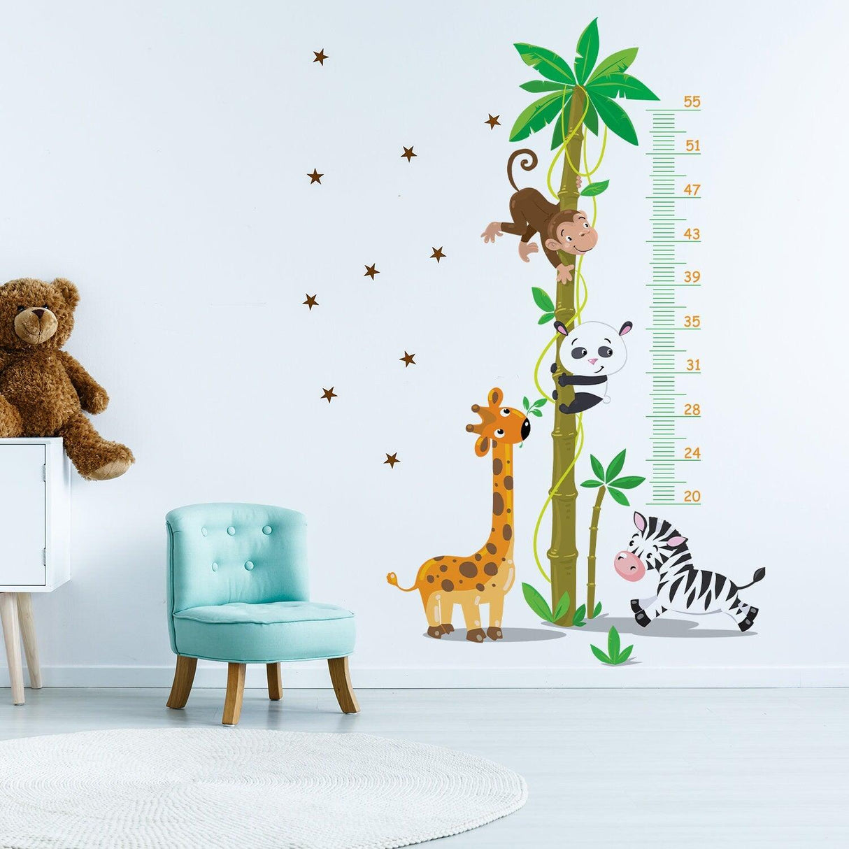 Colorful nursery height growth chart sticker featuring animals and a bamboo design, perfect for kids' rooms.