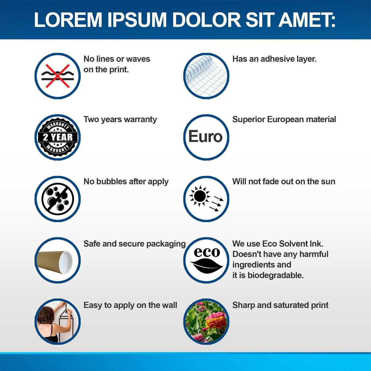 Infographic detailing features of wallpaper, including warranty, adhesive quality, and eco-friendly materials.