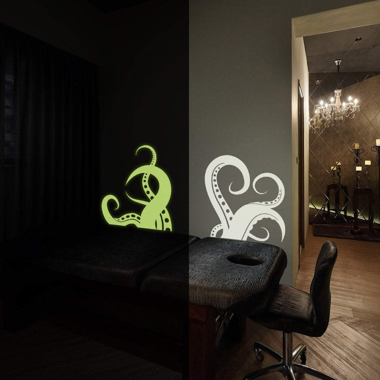 Glow in dark octopus tentacle wall art sticker illuminating a bathroom setting, adding unique decor.