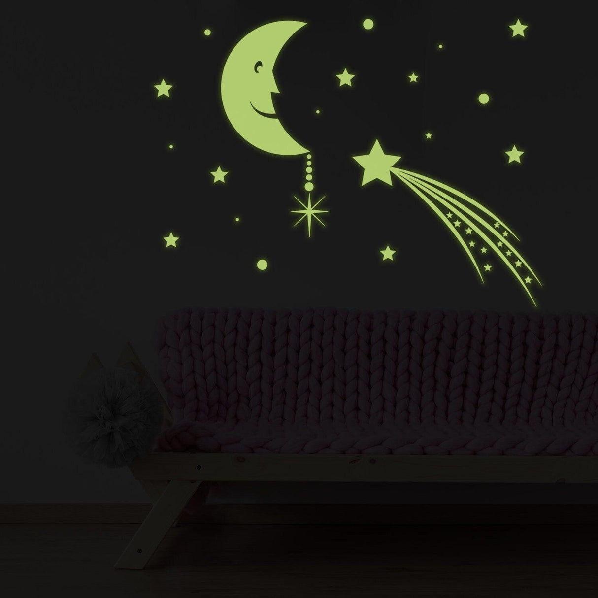 Glowing moon and stars wall sticker with falling star, perfect for dreamy bedroom decor