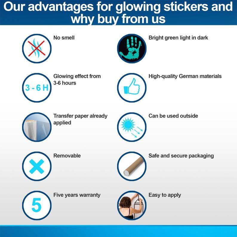 Benefits of glowing stickers: odorless, bright glow, high-quality materials, removable, easy to apply, 5-year warranty.