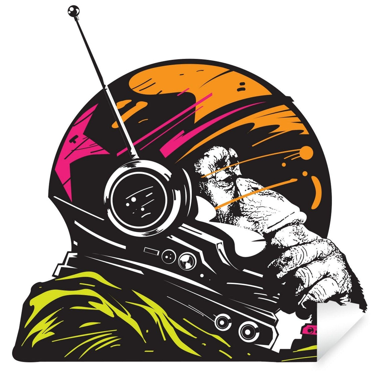 Astronaut space monkey wall vinyl sticker featuring a thoughtful cosmonaut chimpanzee in a colorful space helmet.