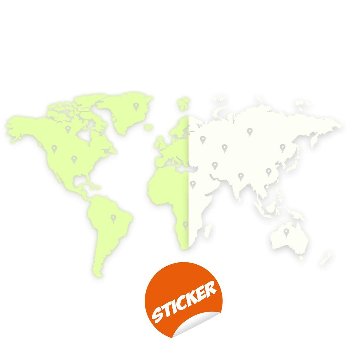 Glow in dark world map vinyl sticker in green and white, perfect for wall decor and night lighting.